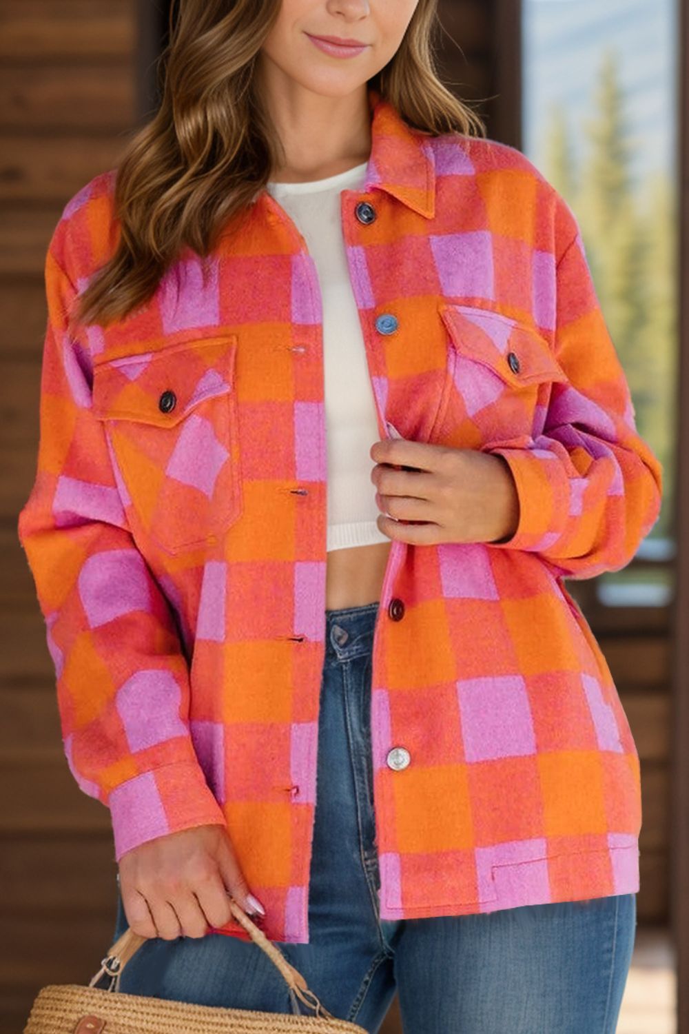 Color Block Plaid Button Up Long Sleeve Jacket